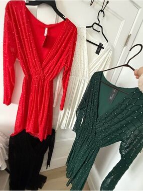 Sequined V-Neck Mini Dress - Red, Green, White and Black - Set of 4